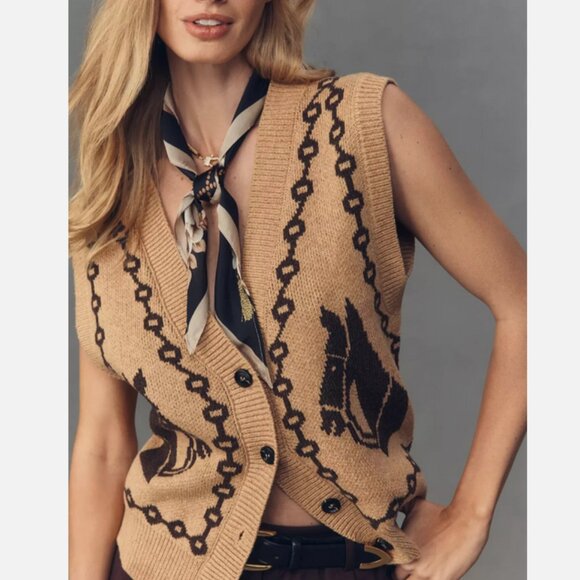 Anthropologie Sweaters - Anthropologie Knit V-Neck Cardigan Sweater Vest Western Horse Equestrian S NWT